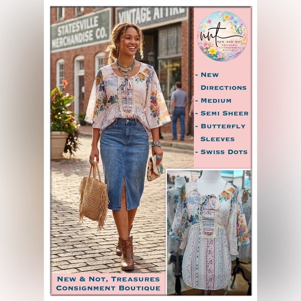 New Directions Boho Floral Sheer Blouse Medium Swiss Dot Lace Peasant Top